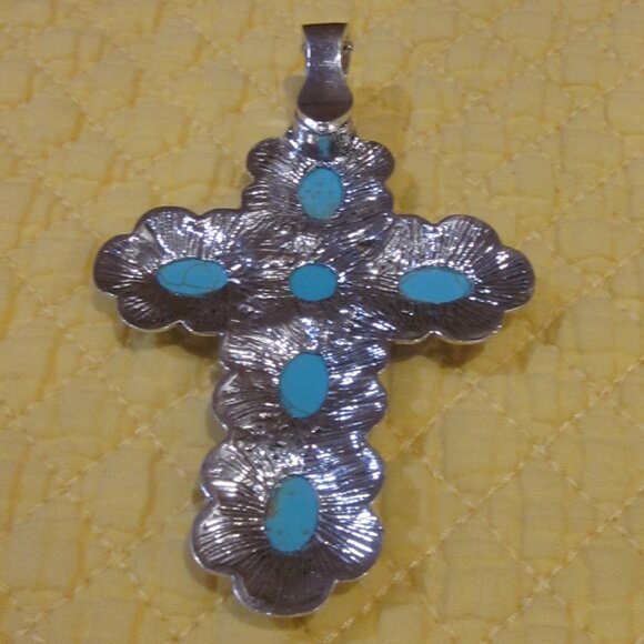 Turquoise Cross Silver Pendant or Bag Charm - Picture 2 of 3